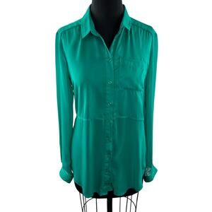 FREE PEOPLE Green Button-Down Blouse Collared Long Sleeve Pocket Sheer Top Sz S